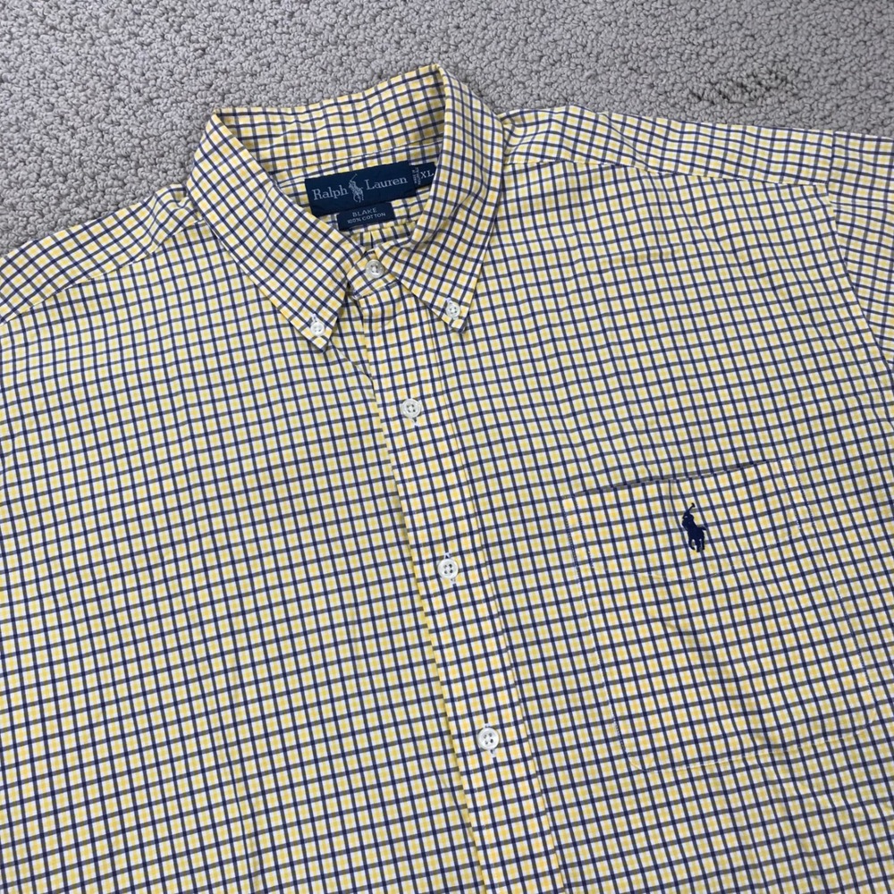 Ralph Lauren Blake Mens XL Yellow Navy Check Short Sleeve Button Down Shirt